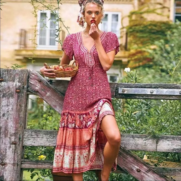 Boho Floral Gypsy Stripe Print Maxi Dress Maroon - Picture 2 of 16